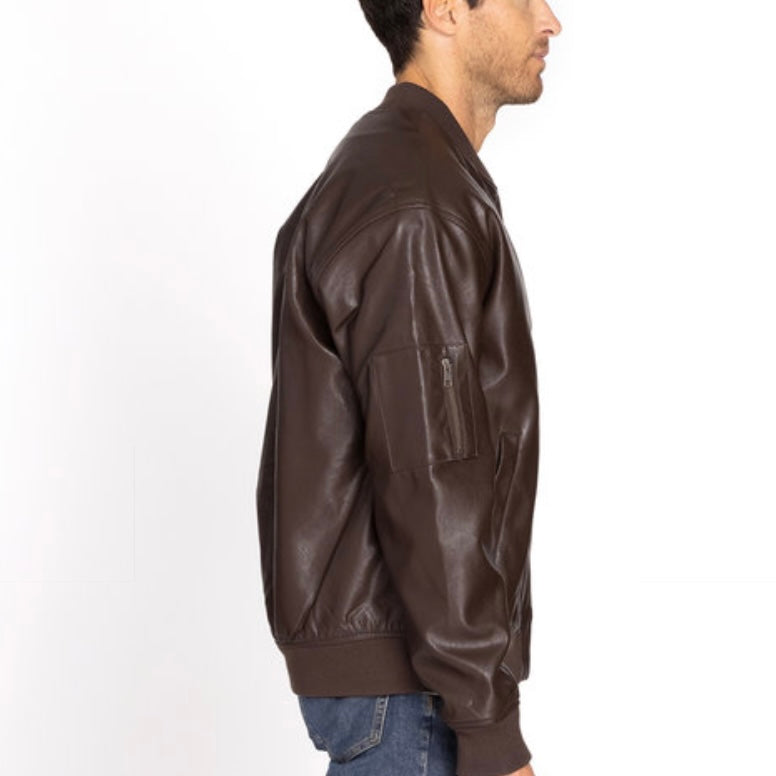 brown faux leather bomber