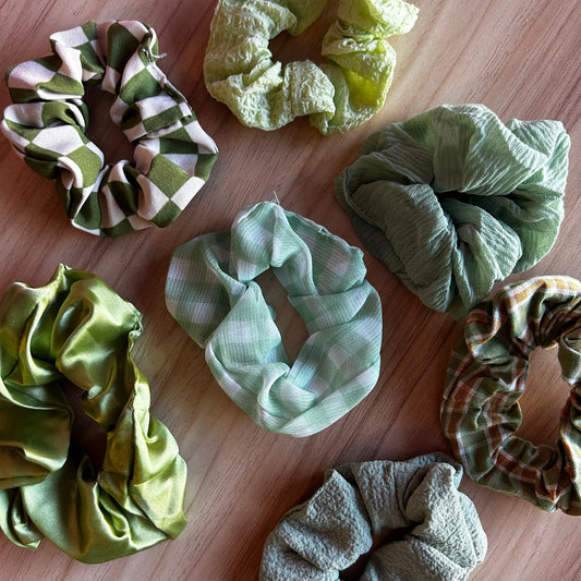 set of 7 green scrunchies